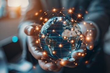 Poster - two hands cradle a digital globe with interconnected points, symbolizing global connectivity and net