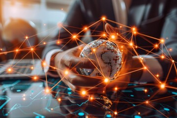 Poster - A hand interacts with a vibrant digital representation of a global network, implying control over global connectivity