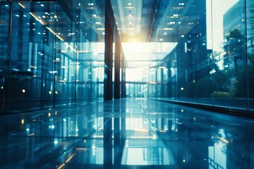 Poster - Blurry shot of a modern glass office interior corridor with reflections and overexposed light creating a futuristic look