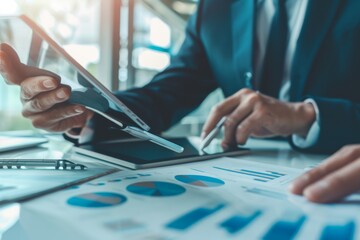 Poster - A person is reviewing financial charts and graphs, using a tablet for data analysis in a corporate environment
