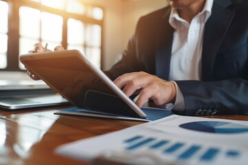 Poster - An executive is immersed in financial analysis on a tablet amidst a business setting