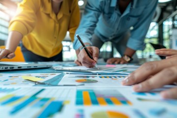 Poster - Colleagues collaborate over spreadsheets and financial charts in a business setting