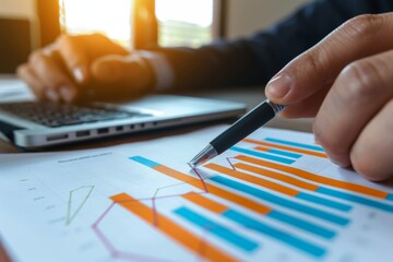Poster - Close-up of a business professional's hand analyzing data with charts and a laptop