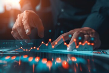 Poster - Futuristic interaction with a digital stock market or performance chart interface by a business professional