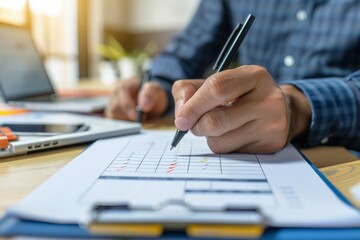 Poster - Hands holding a pen pointing at specific data points on a financial chart, with a laptop in the background