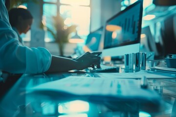 Wall Mural - A blurred view of a person working at a computer with business graphs visible on the screen, focusing on data analysis