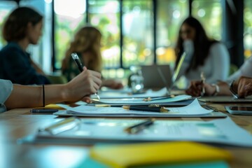 Poster - A team of professionals having a collaborative meeting, shallow depth of field, blurred faces