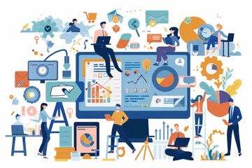 Poster - Colorful vector illustration depicting diverse business and analytics-related activities in a vibrant, contemporary style