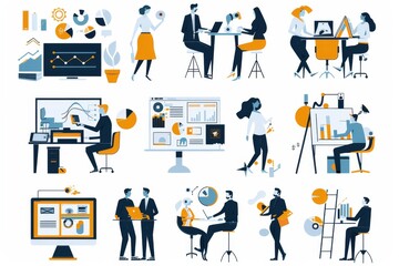 Poster - A dynamic illustration showcasing various business activities like meetings, presentations, and data analysis in a flat design style
