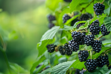 Blackberries clusters on bush in sunlight