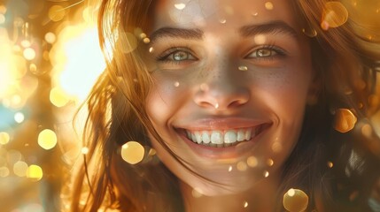 Wall Mural - radiant young woman with sparkling eyes and infectious smile exuding happiness and confidence digital portrait