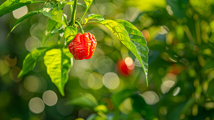 Wall Mural - A red carolina reaper pepper growing on the garden