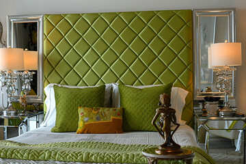 Wall Mural - Stunning art deco bedroom featuring a quilted lime green headboard, mirrored side tables, and a vintage bronze figurine.