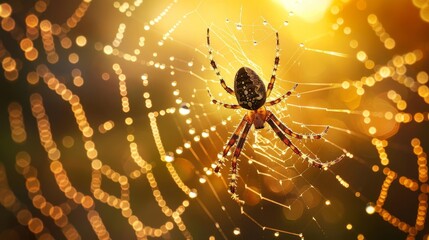 spider silhouette on dewy web in morning light nature closeup photograph