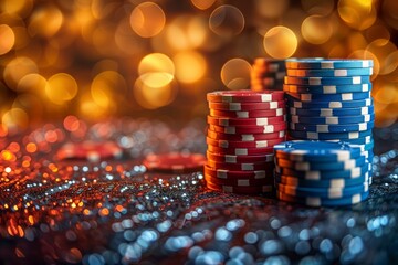 Casino chips on a glittery background