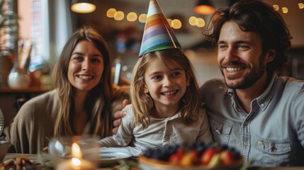 Sticker - Family celebrating a birthday, a small rainbow pin on the birthday hat