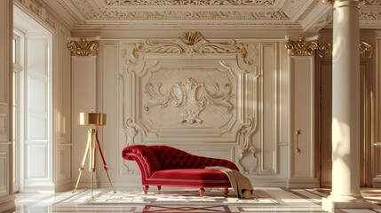 Wall Mural - Vintage art deco bedroom design with a front view of a ruby red chaise lounge, ivory ornamental ceilings, and a golden tripod floor lamp.