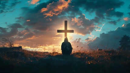 silhouette of man kneeling in worship before illuminated cross in dramatic cloudy sky spiritual faith concept