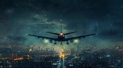 Wall Mural - airplane flying through the night sky illuminated by city lights below digital art