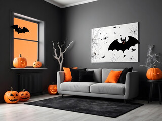 Poster - Modern room decorated for Halloween, space for text. The idea for festive interior design.