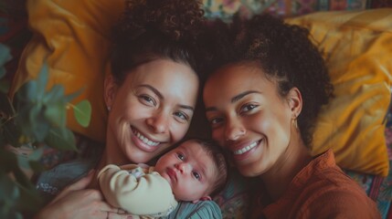 Sticker - LGBTQ couple holding their newborn baby, smiling warmly