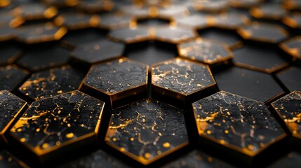 Wall Mural - captivating abstract background with hexagonal grid black and gold 3d render