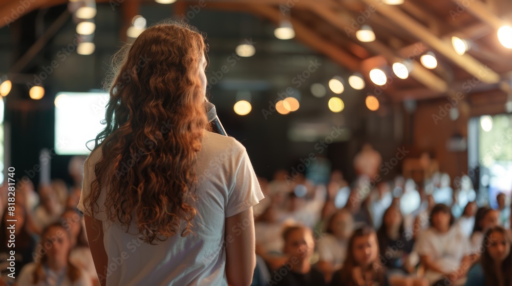 Youth Leadership Conference: Teenager Confidently Addressing Peers with Microphone