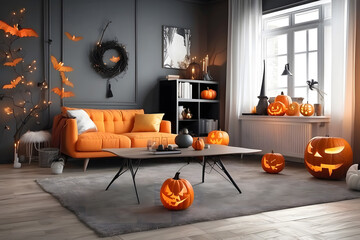 Poster - Modern room decorated for Halloween design. The idea for festive interior design.