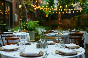 Sustainable Outdoor Dining Setup with Compostable Dinnerware and Organic Linen Tablecloths in Elegant Garden Setting