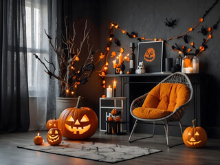 Wall Mural - Modern room decorated for Halloween design. The idea for festive interior design.