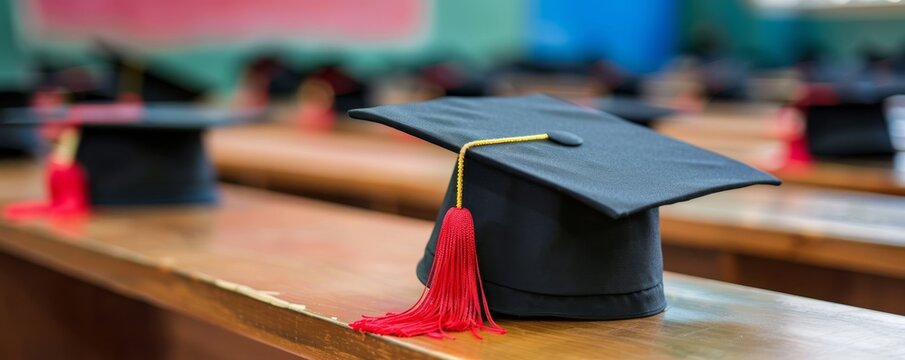 Graduation caps with red tassels rest on a wooden bench in a classroom, symbolizing academic achievement and the end of a learning journey