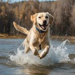 Canvas Print - a dog jumping into water in the forest clearing the land