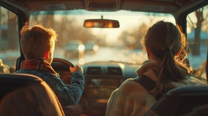 Wall Mural - Parent driving their child to elementary school, engaged in conversation