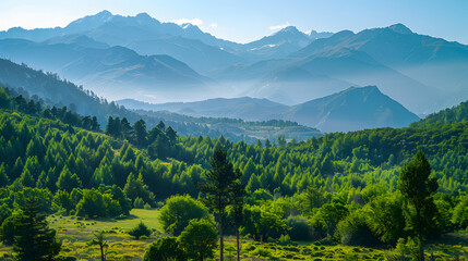 Canvas Print - In the summer while traveling the captivating landscape with its lush green trees grass and forests against a backdrop of majestic mountains and a clear blue sky creates a stunning backgrou