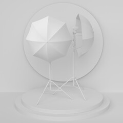Poster - Abstract scene with photography studio flash on a lighting stand on monochrome