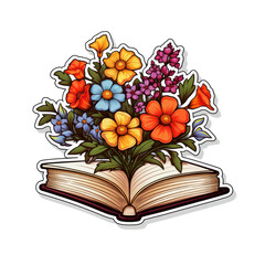 Wall Mural - a sticker of a basic simple line drawing open book with flower isolated on white background. PNG Format