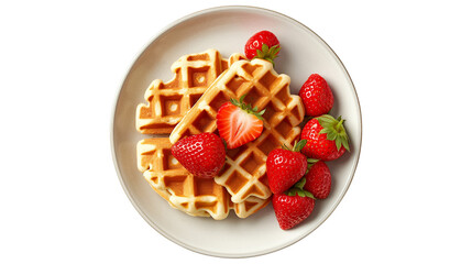 Top view of a plate with tasty waffles and strawberries for breakfast isolated on a transparent background