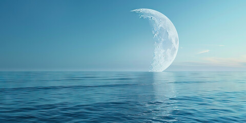 Wall Mural - The Earth's crescent moon hangs in the sky, reflecting soft blue light upon an endless ocean.