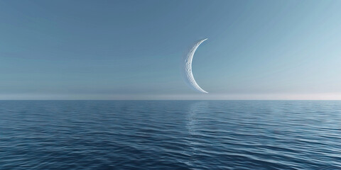 Wall Mural - The Earth's crescent moon hangs in the sky, reflecting soft blue light upon an endless ocean.