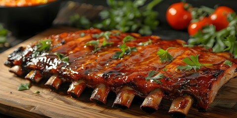 Wall Mural - Classic Comfort Food: Succulent Pork Ribs with Sticky Spicy Glaze on Wood Board. Concept Pork Ribs, Glaze Recipe, Comfort Food, Wood Board Presentation