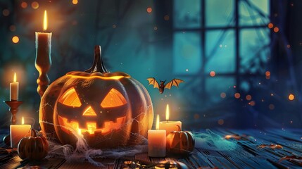 spooky halloween decor with jackolantern candles and cobwebs ai generated illustration