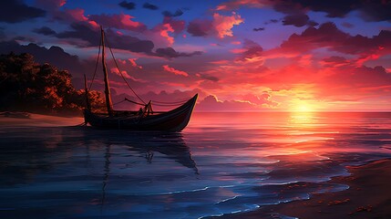 Wall Mural - As the sun bids farewell to the day, the sky is painted in a stunning array of colors, casting a serene glow over the solitary boat anchored along the tranquil shore
