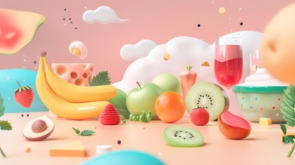 Wall Mural - A vibrant whimsical display of colorful fruits and refreshing treats