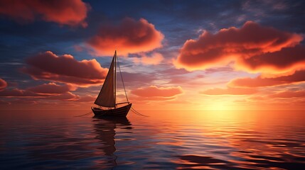 Wall Mural - A tranquil evening descends as the sun sets over the horizon, casting a golden glow on the solitary boat anchored by the serene seaside