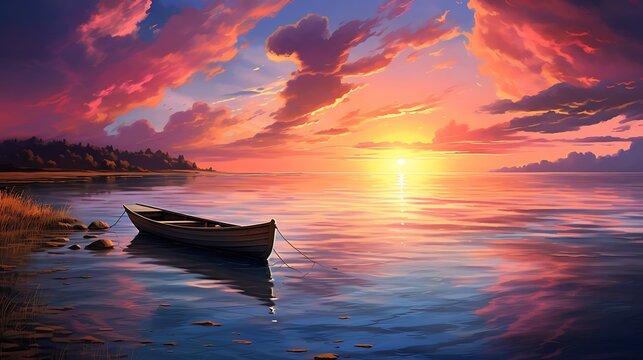 A serene sunset paints the sky in hues of pink and gold, casting a warm glow over the solitary boat by the ocean shore