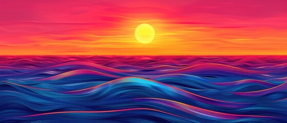 Wall Mural - abstract background featuring blue undulating sea under bright red violet yellow sunset sky