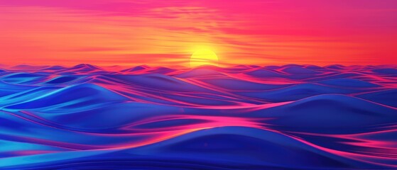 Wall Mural - blue undulating sea under bright red violet yellow sunset sky in abstract background illustration