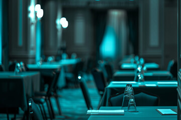 Wall Mural - A restaurant with tables and chairs and a blue background