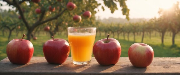 Wall Mural - Fresh apples and apple juice on table, garden background. Harvest