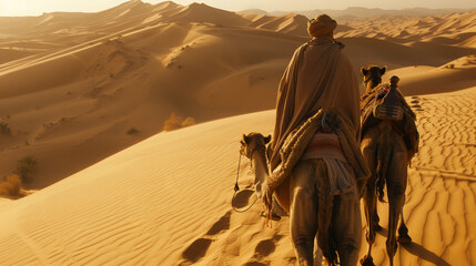 A man is riding a camel in the desert